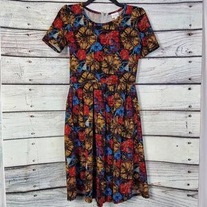 LuLaRoe Women's Fit & Flare Dress Size Small Bright Geometric Zip Back Skater St